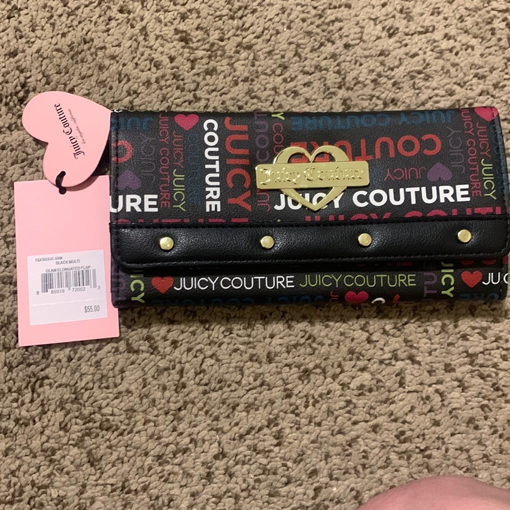 NWT!!! Juicy Couture black multi print glam flap clutch wallet!
